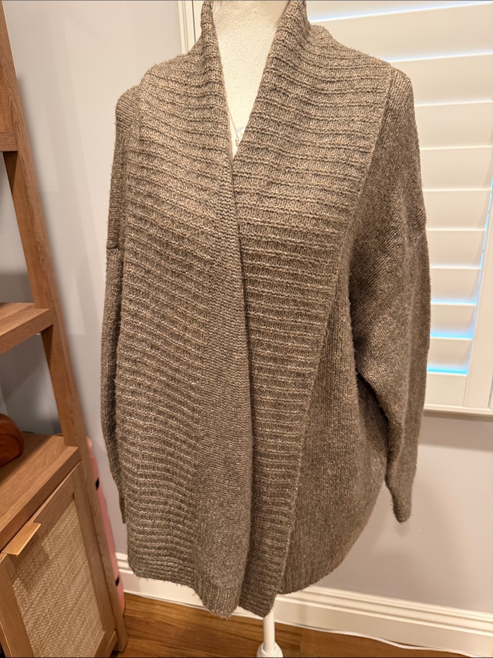 a new day Taupe Ribbed Shawl-Collar Open-Front Cardigan